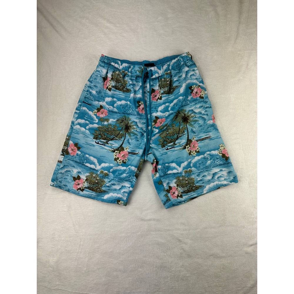 Burnside Board Shorts Mens Medium Blue Tropical Hawaiian Palm Tree Swim Trunks